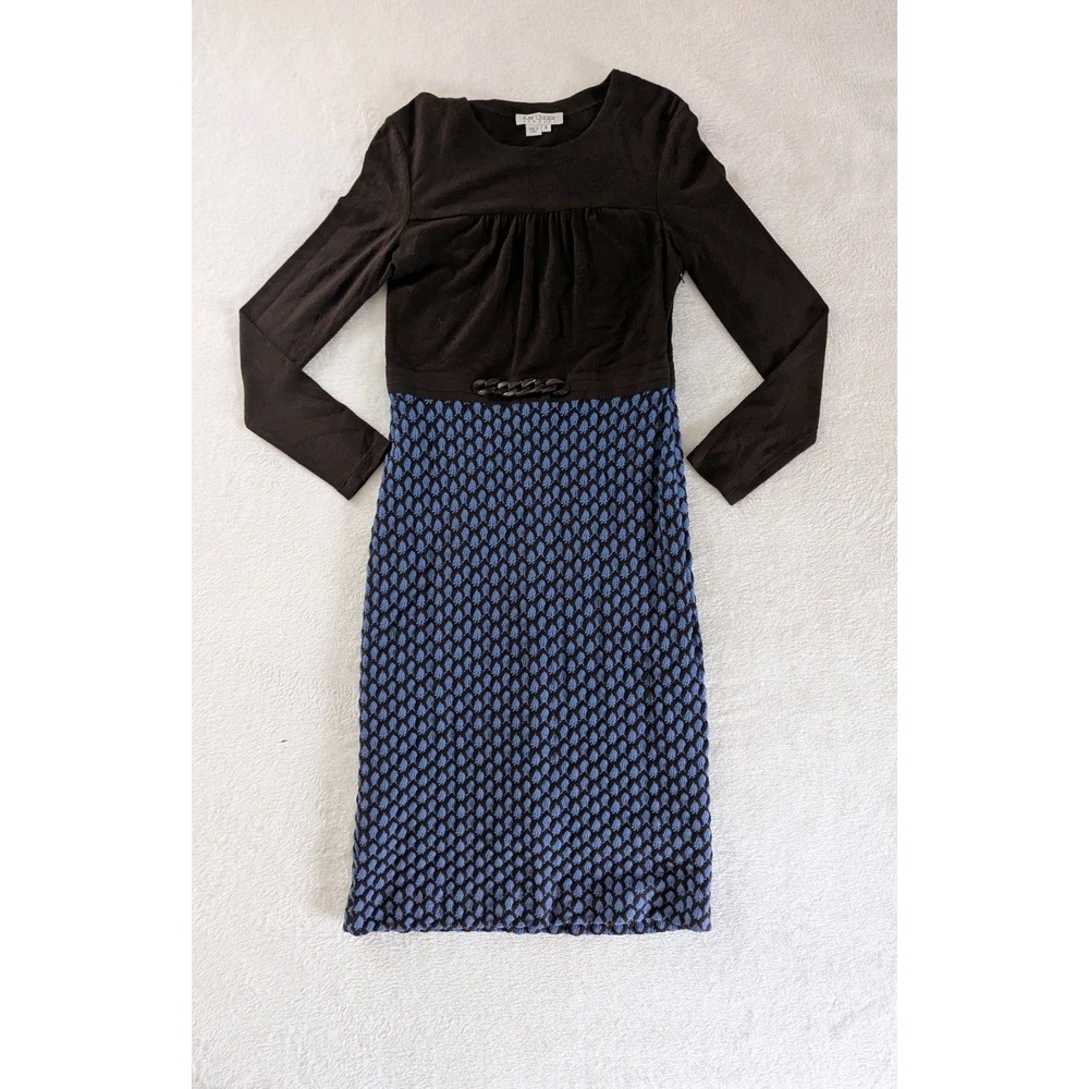 Kay Unger Sheath Dress Brown Blue Knit Long Sleeve Chain Accent Sz 8 Polished